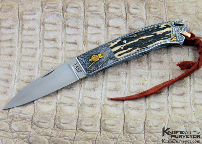 Ron Lake Custom Knife Jon Robyn Engraved Fly Fishing Stag Interframe Tail  Lock - Knife Purveyor
