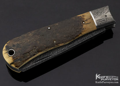 Bill Ruple Custom Knife 2 Blade Mammoth & Feather Pattern Damascus w/ 14 Kt Gold Dog Head Trapper Slip Joint