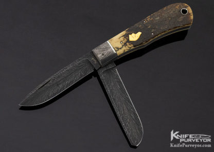 Bill Ruple Custom Knife 2 Blade Mammoth & Feather Pattern Damascus w/ 14 Kt Gold Dog Head Trapper Slip Joint - Image 9