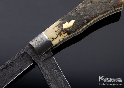 Bill Ruple Custom Knife 2 Blade Mammoth & Feather Pattern Damascus w/ 14 Kt Gold Dog Head Trapper Slip Joint - Image 8