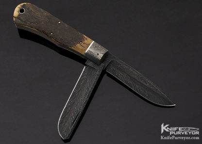 Bill Ruple Custom Knife 2 Blade Mammoth & Feather Pattern Damascus w/ 14 Kt Gold Dog Head Trapper Slip Joint - Image 7