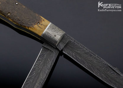 Bill Ruple Custom Knife 2 Blade Mammoth & Feather Pattern Damascus w/ 14 Kt Gold Dog Head Trapper Slip Joint - Image 5