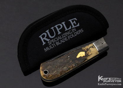 Bill Ruple Custom Knife 2 Blade Mammoth & Feather Pattern Damascus w/ 14 Kt Gold Dog Head Trapper Slip Joint - Image 6