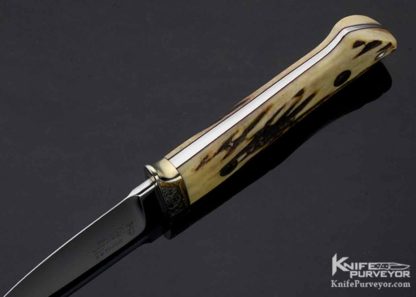 Bob RW Loveless Custom Knife, Michael Collins Engraved Gold, Stag Semi Skinner, Double Nude Logo - Image 3