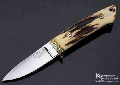 Bob RW Loveless Custom Knife, Michael Collins Engraved Gold, Stag Semi Skinner, Double Nude Logo - Image 2