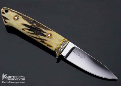 Bob RW Loveless Custom Knife, Michael Collins Engraved Gold, Stag Semi Skinner, Double Nude Logo - Image 5