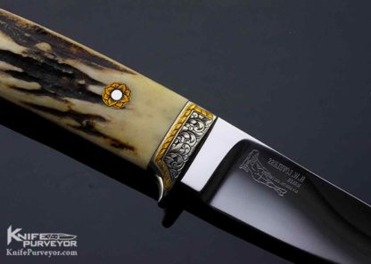 Bob RW Loveless Custom Knife, Michael Collins Engraved Gold, Stag Semi Skinner, Double Nude Logo - Image 8