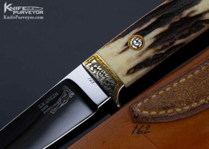 Bob RW Loveless Custom Knife, Michael Collins Engraved Gold, Stag Semi Skinner, Double Nude Logo - Image 6