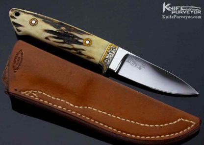 Bob RW Loveless Custom Knife, Michael Collins Engraved Gold, Stag Semi Skinner, Double Nude Logo - Image 4