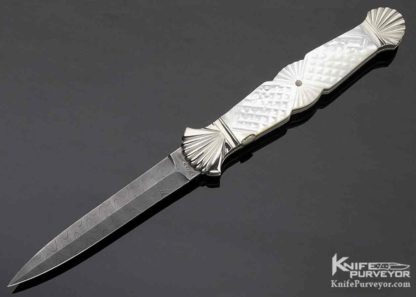 Ken Steigerwalt Custom Knife Large Damascus Blade Fluted Double Bolsters Checkered Pearl Shell Auto Dagger 10826