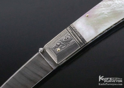 Barry Davis Custom Knife Mother of Pearl Lockback with Sole Authorship Damascus and Gold Liners. Pins and Bale - Image 5