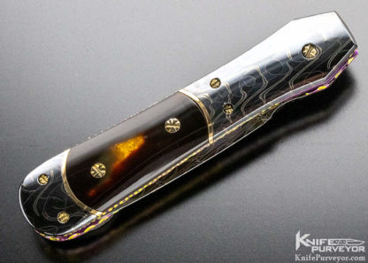 Frank Potter Custom Knife 14Kt Gold Spacers, Amber & Damacus Automatic Dagger Linerlock - Image 3