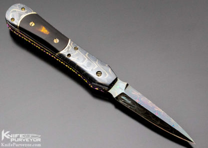 Frank Potter Custom Knife 14Kt Gold Spacers, Amber & Damacus Automatic Dagger Linerlock