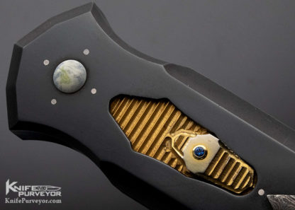 Jeff Harkins Custom Knife Triton Dual Action OTF Automatic Gun Blued Alabama Forged Damascus overlay "Providence Earth" with Gold Plated Slide & Sapphire - Image 4