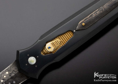 Jeff Harkins Custom Knife Triton Dual Action OTF Automatic Gun Blued Alabama Forged Damascus overlay "Providence Earth" with Gold Plated Slide & Sapphire - Image 7