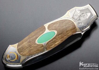 Scott Sawby Custom Knife Jim Blair Engraved Turquoise and Petrified Oak Button Lock - Image 3