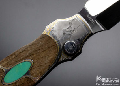 Scott Sawby Custom Knife Jim Blair Engraved Turquoise and Petrified Oak Button Lock - Image 7