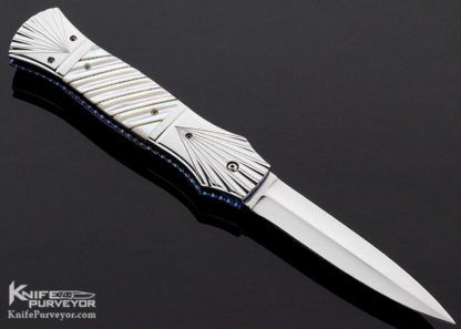 Jim Minnick Custom Knife Fluted and 14Kt Gold Wire Wrapped Mother of Pearl Auto Dagger Linerlock 10201