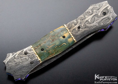 Jim Minnick Custom Knife Mosaic Damascus & Mammoth with 14Kt Gold Spacer Automatic Linerlock Dagger - Image 3