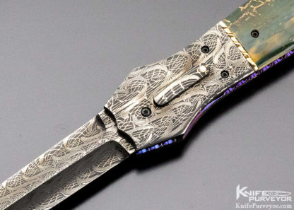 Jim Minnick Custom Knife Mosaic Damascus & Mammoth with 14Kt Gold Spacer Automatic Linerlock Dagger - Image 2