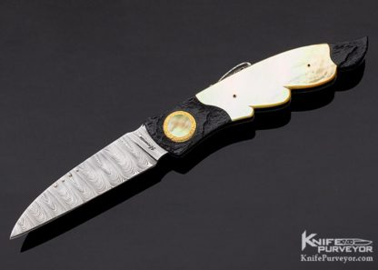 Howard Hitchmough Custom Knife Damasteel, Blued Textured Steel with Gold Lip Pearl Inlaid Gold Pivot & Gold Lip Pearl Midlock 11124 Open