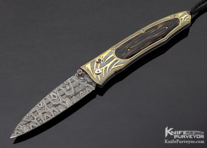 William Henry Custom Knife 830 "Wildwood" Damascus and Koftgari w 24Kt Gold and Black Palmand Ruby Gemstone - Image 3