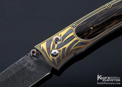 William Henry Custom Knife 830 "Wildwood" Damascus and Koftgari w 24Kt Gold and Black Palmand Ruby Gemstone - Image 10