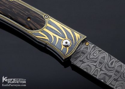 William Henry Custom Knife 830 "Wildwood" Damascus and Koftgari w 24Kt Gold and Black Palmand Ruby Gemstone - Image 5