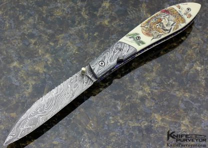 Bill Ogden 100th Custom Knife Sandra Brady Scrimshawed & Damascus Linerlock