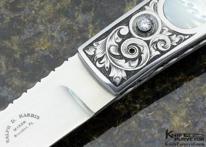 Ralph Dewey Harris Custom Knife Sole Authorship Engraved Mother of Pearl Shell Interframe Button Release Folder - Image 2