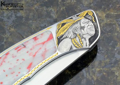 Jack Busfield Custom Knife Ron Skaggs Engraved White Flint Cinnabar Interframe Lockback - Image 4