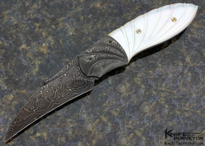 Daniel Stepan Custom Knife Carved Mother of Pearl Shell and Devin Thomas Damascus Linerlock 12058