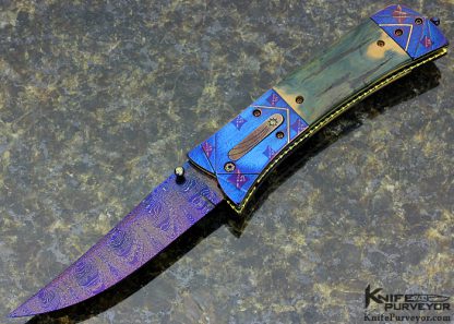 Ron Newton Custom Knife Blued Sole Authorship Damascus 5 Way Release Credit Card Knife