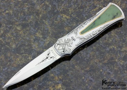 Dwight Towell Custom Knife Sole Authorship Engraved Green Jade Interframe Lockback Dagger with 24Kt Gold Inlays