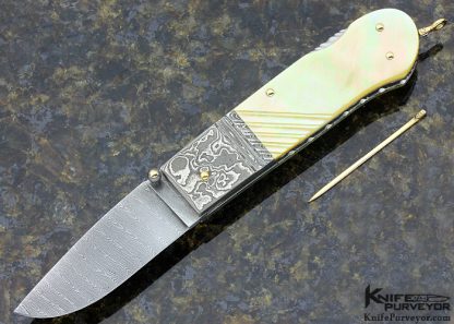 Barry Davis Custom Knife Sole Authorship Damascus & South Sea Gold Lip Pearl Shell with 18Kt Gold Pins, Bale & Toothpick Lockback