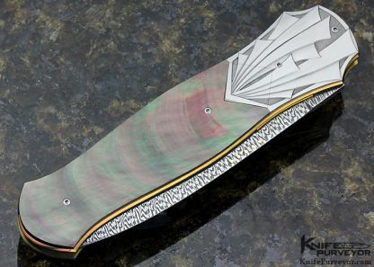 Owen Wood Custom Knife Black Lip Tahitian Pearl Shell & Sole Authorship "Chevron & Explosion" Mosaic Damascus D/A Auto Dagger Engraved by Amayak Stepanyan - Image 4