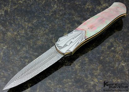 Owen Wood Custom Knife Black Lip Tahitian Pearl Shell & Sole Authorship "Chevron & Explosion" Mosaic Damascus D/A Auto Dagger Engraved by Amayak Stepanyan