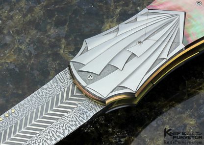 Owen Wood Custom Knife Black Lip Tahitian Pearl Shell & Sole Authorship "Chevron & Explosion" Mosaic Damascus D/A Auto Dagger Engraved by Amayak Stepanyan - Image 2