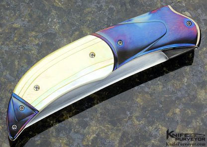 Rex Robinson Custom Knife Fluted Gold Lip Pearl Shell & Fluted Blued Damascus Automatic Linerlock - Image 4