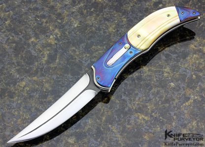 Rex Robinson Custom Knife Fluted Gold Lip Pearl Shell & Fluted Blued Damascus Automatic Linerlock