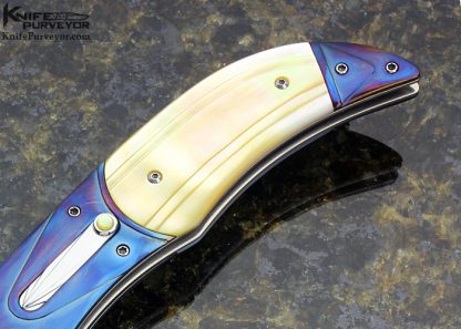 Rex Robinson Custom Knife Fluted Gold Lip Pearl Shell & Fluted Blued Damascus Automatic Linerlock - Image 3