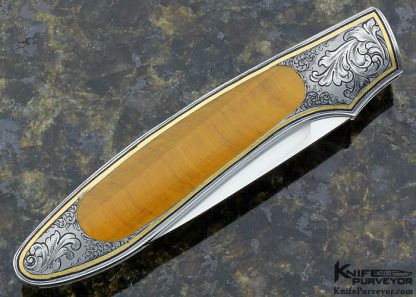 Koichi Kagawa Custom Knife Tiger Eye Interframe Engraved by S. Takeuchi Tiger Eye with Gold Inlays Midlock - Image 4