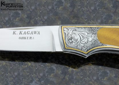 Koichi Kagawa Custom Knife Tiger Eye Interframe Engraved by S. Takeuchi Tiger Eye with Gold Inlays Midlock - Image 2