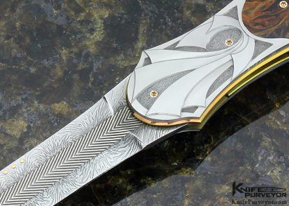 Owen Wood Custom Knife Sole Authorship "Chevron & Explosion" Damascus & Pietersite Linerlock Dagger Engraved by Amayak Stepanyan - Image 2