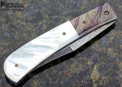 Don Hanson III Custom Knife Mother of Pearl Shell and Sole Authorship Damascus Linerlock Auto - Image 3