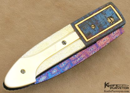 Barry Gallagher Custom Knife Blued Sole Authorship Mosaic Damascus & Blued Meteorite with 24 Kt Gold Inlays with South Sea Gold Lip Pearl Automatic Linerlock - Image 3