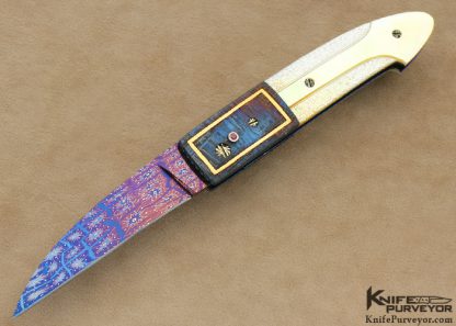 Barry Gallagher Custom Knife Blued Sole Authorship Mosaic Damascus & Blued Meteorite with 24 Kt Gold Inlays with South Sea Gold Lip Pearl Automatic Linerlock