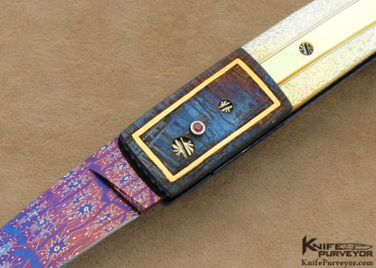 Barry Gallagher Custom Knife Blued Sole Authorship Mosaic Damascus & Blued Meteorite with 24 Kt Gold Inlays with South Sea Gold Lip Pearl Automatic Linerlock - Image 2