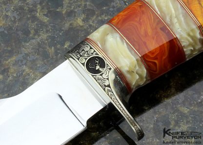 D' Alton Holder Custom Knife "Mitchell's Clip II" with Gold Maple Burl and Musk Ox and Red Amber Engraved by Bruce Shaw - Image 2