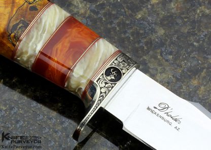 D' Alton Holder Custom Knife "Mitchell's Clip II" with Gold Maple Burl and Musk Ox and Red Amber Engraved by Bruce Shaw - Image 5